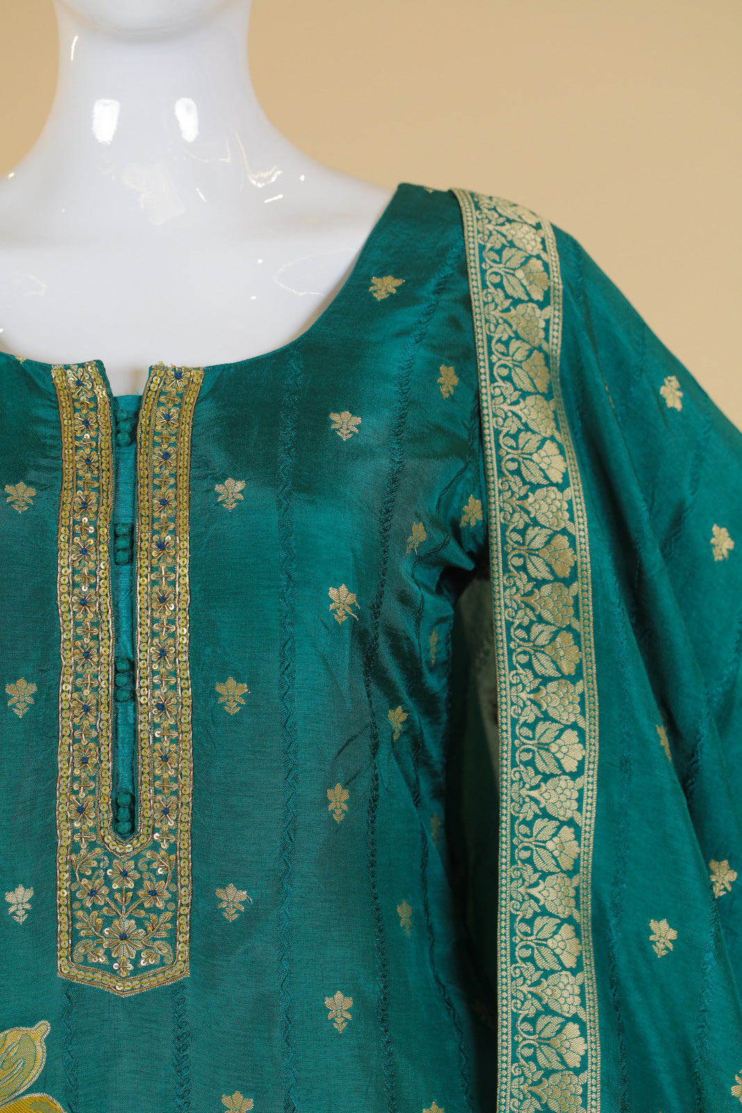 Green Banaras, Zardozi, Sequins and Thread work Straight Cut Salwar Suit