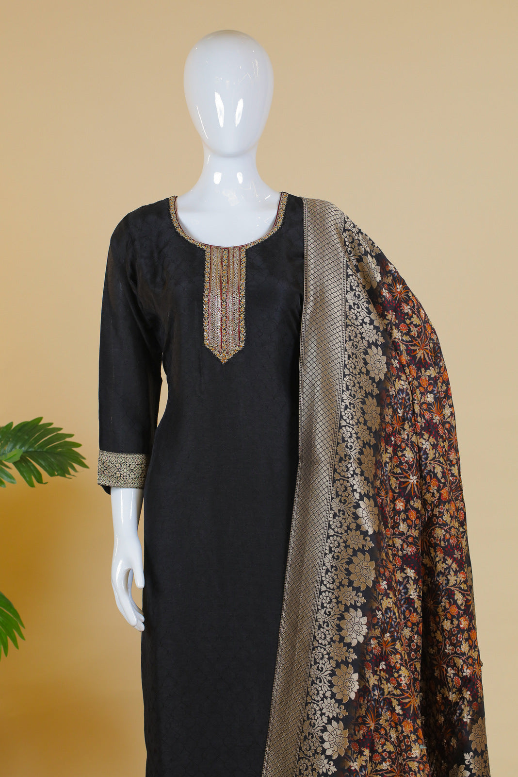 Black Zardozi work Straight Cut Salwar Suit with Banaras work and Digital Print Dupatta