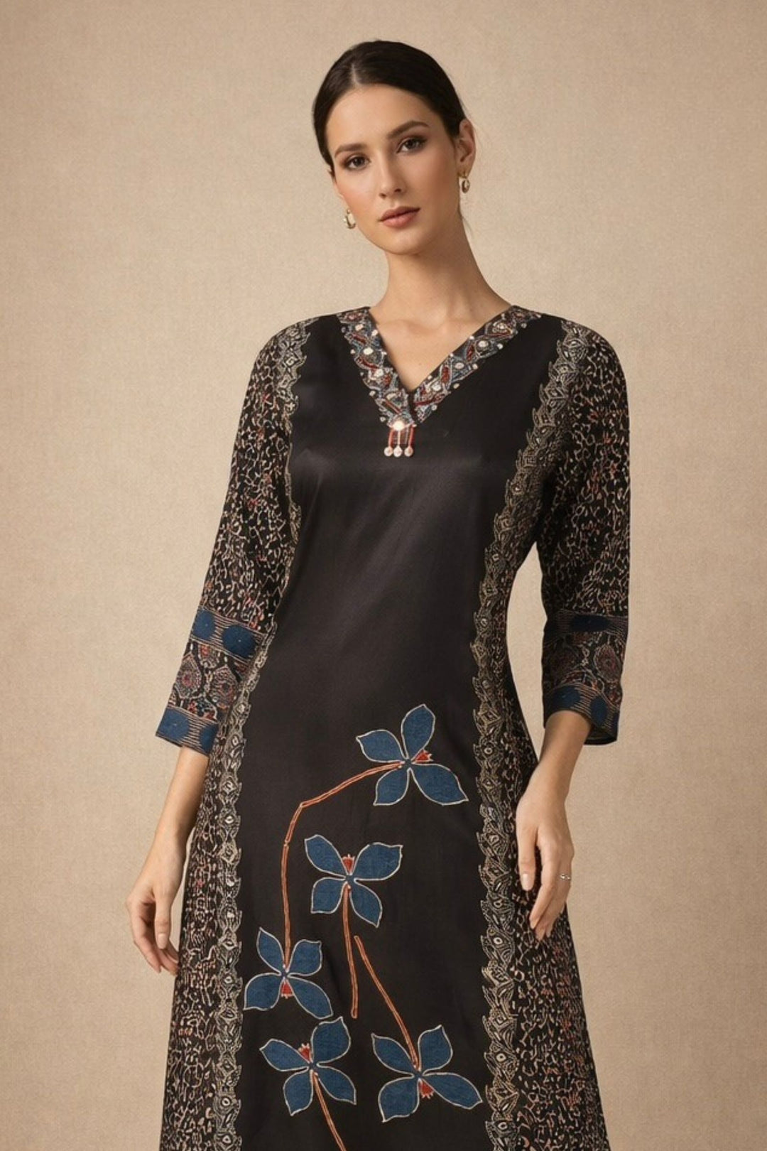 Black Beads work with Ajrakh Print Calf Length Kurti