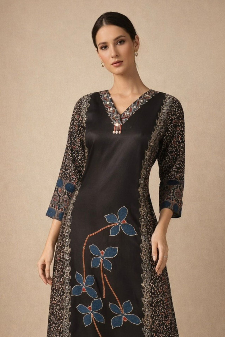 Black Beads work with Ajrakh Print Calf Length Kurti