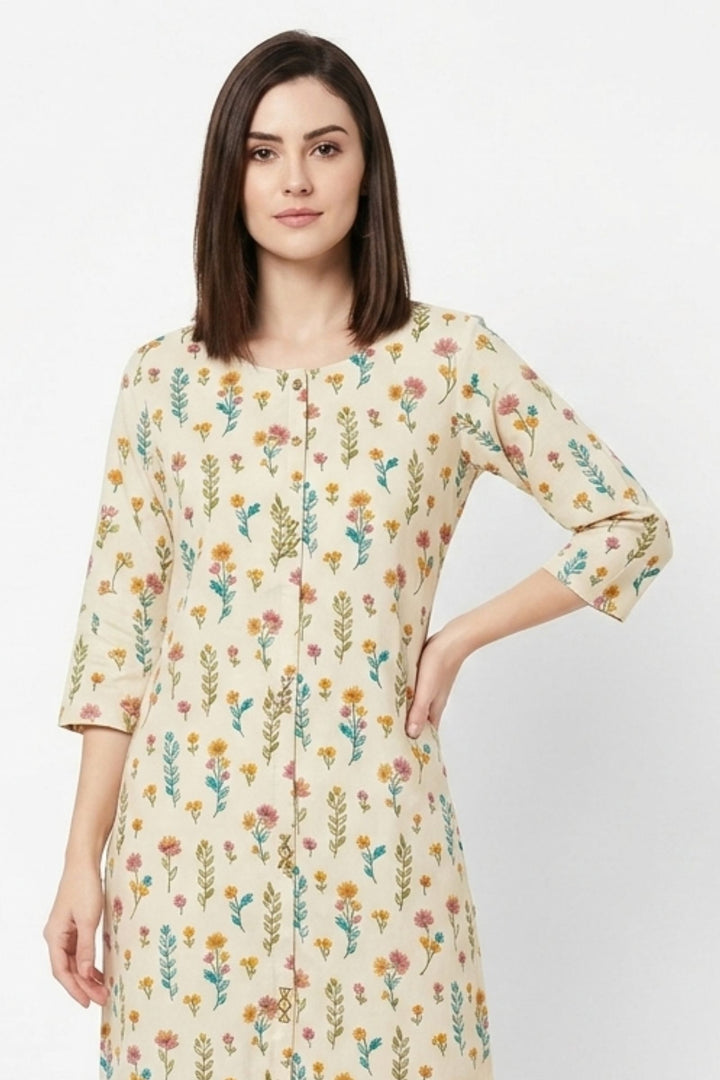 Beige Beads, Sequins and Thread work with Floral Print Calf Length Kurti