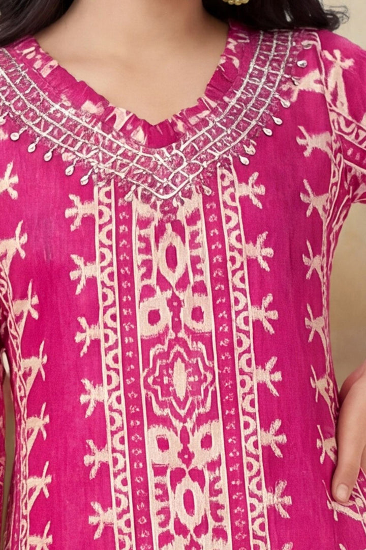 Rani Pink Mirror work with Digital Print Anarkali Styled Salwar Suit for Girls