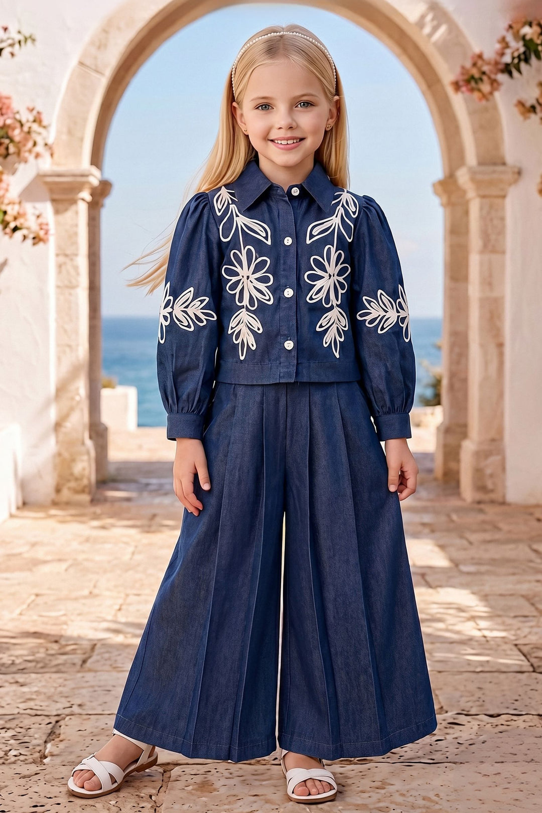 Blue Thread work Palazzo Set for Girls