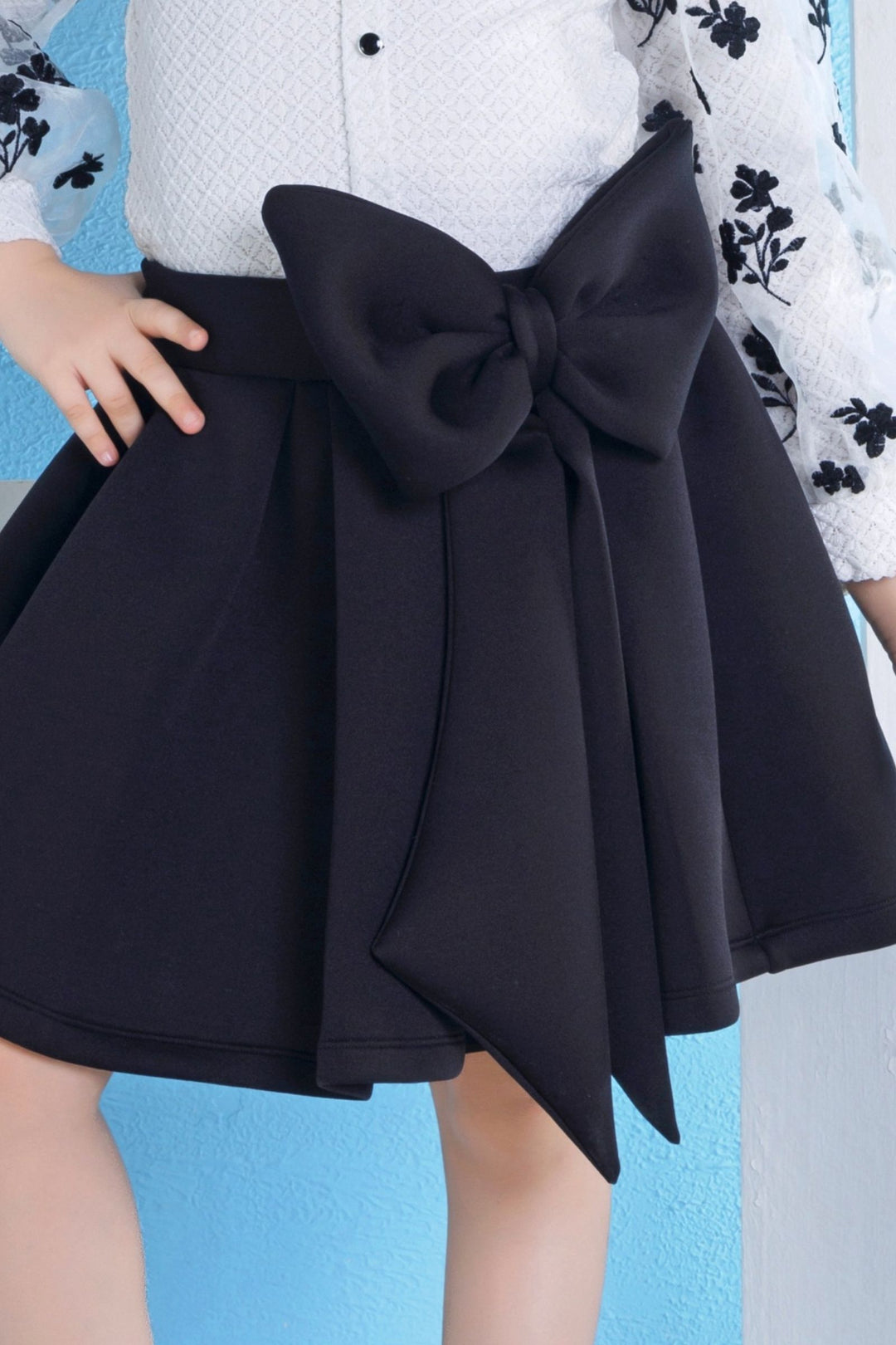 White with Black Velvet Embroidery work Top and Skirt for Girls