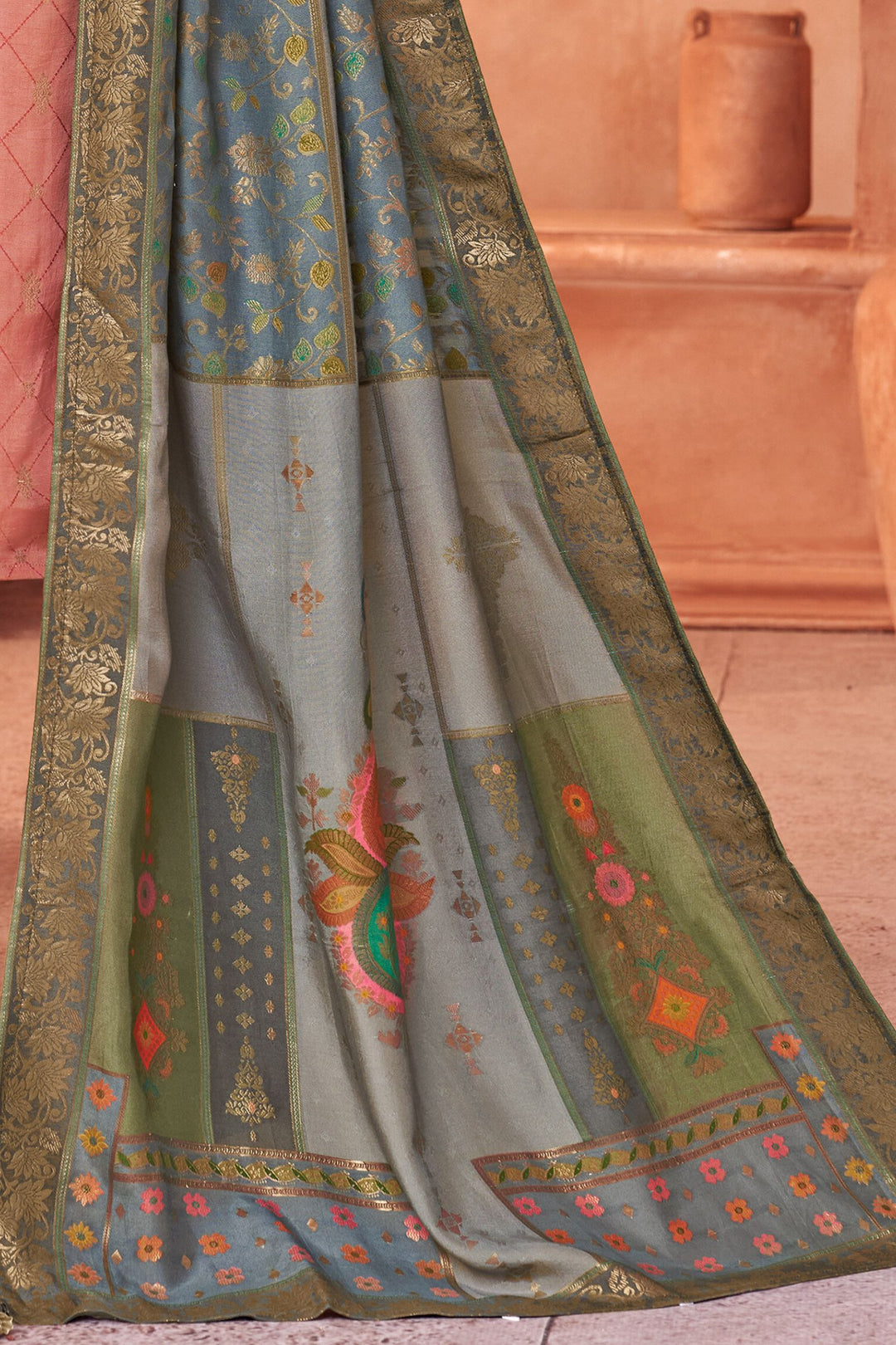 Peach Banaras, Thread, Mirror and Zardozi work Straight Cut Salwar Suit