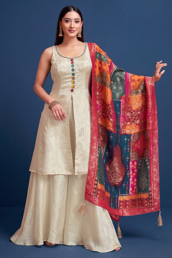 Cream Palazzo Salwar Suit with Jacquard, Zari, Beads and Stone Detailing