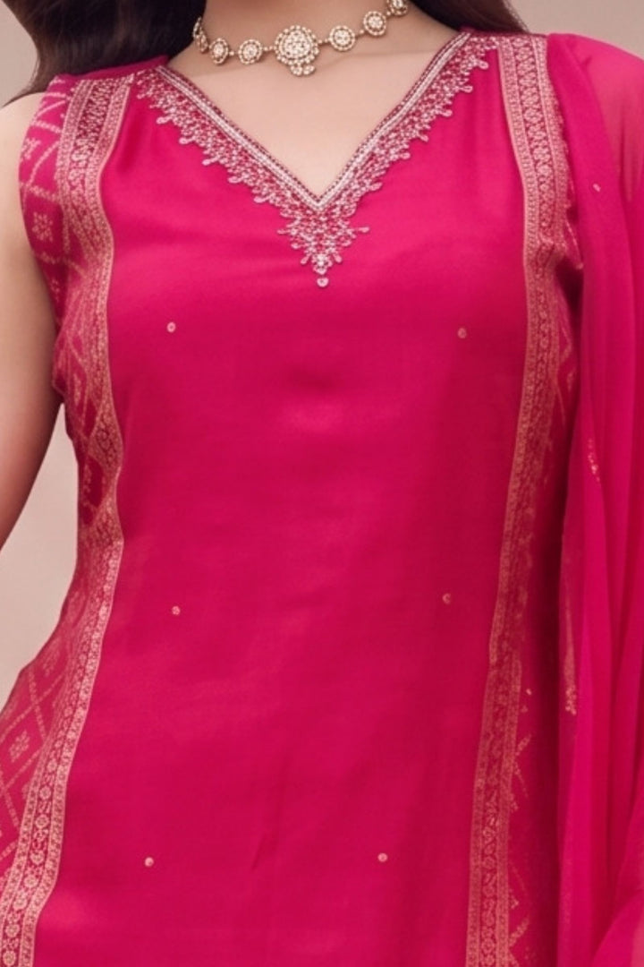 Rani Pink Banaras, Stone, Zardozi, Mirror and Thread work Straight Cut Salwar Suit