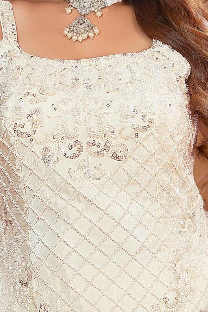 Cream Sequins and Beads work Palazzo Salwar Suit