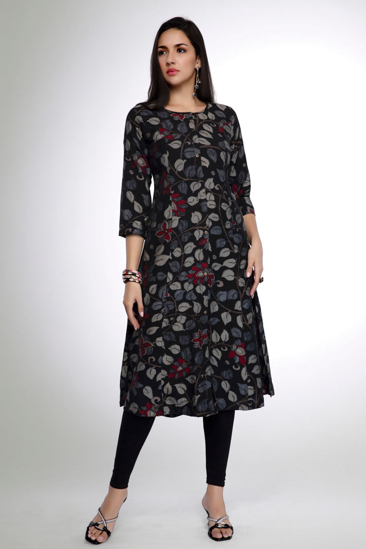 Black with Multicolor Digital Print A-line Cut Calf Length Kurti