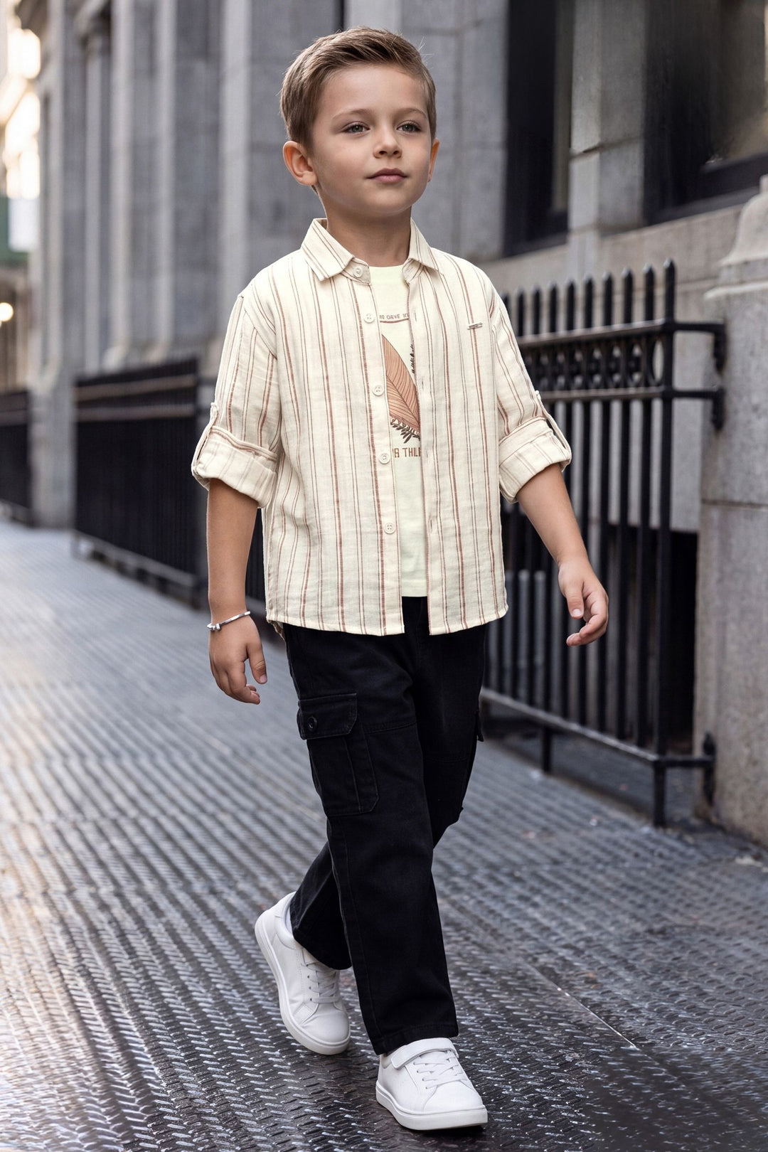 Cream Blazer, Printed T-Shirt and Black Pant Set for Boys