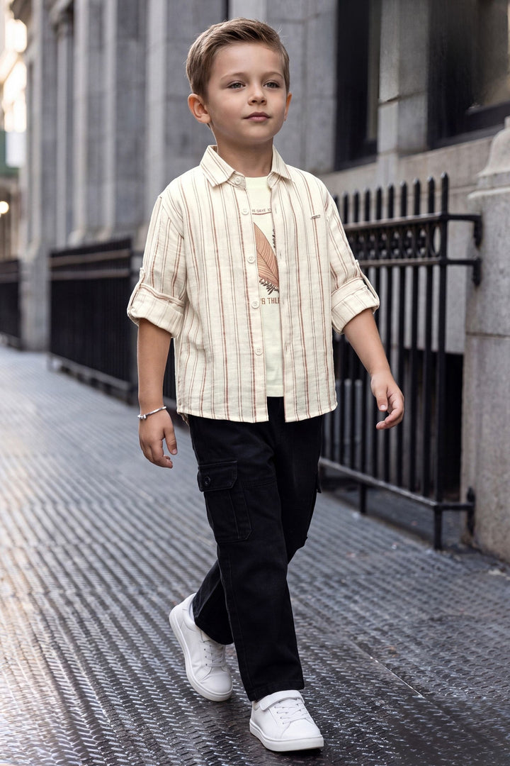 Cream Blazer, Printed T-Shirt and Black Pant Set for Boys