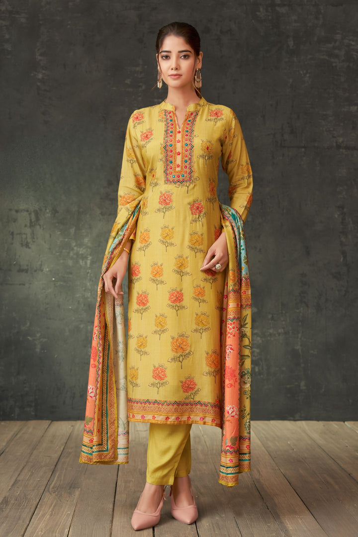 Yellow Mirror and Zari work with Floral Print Straight Cut Salwar Suit