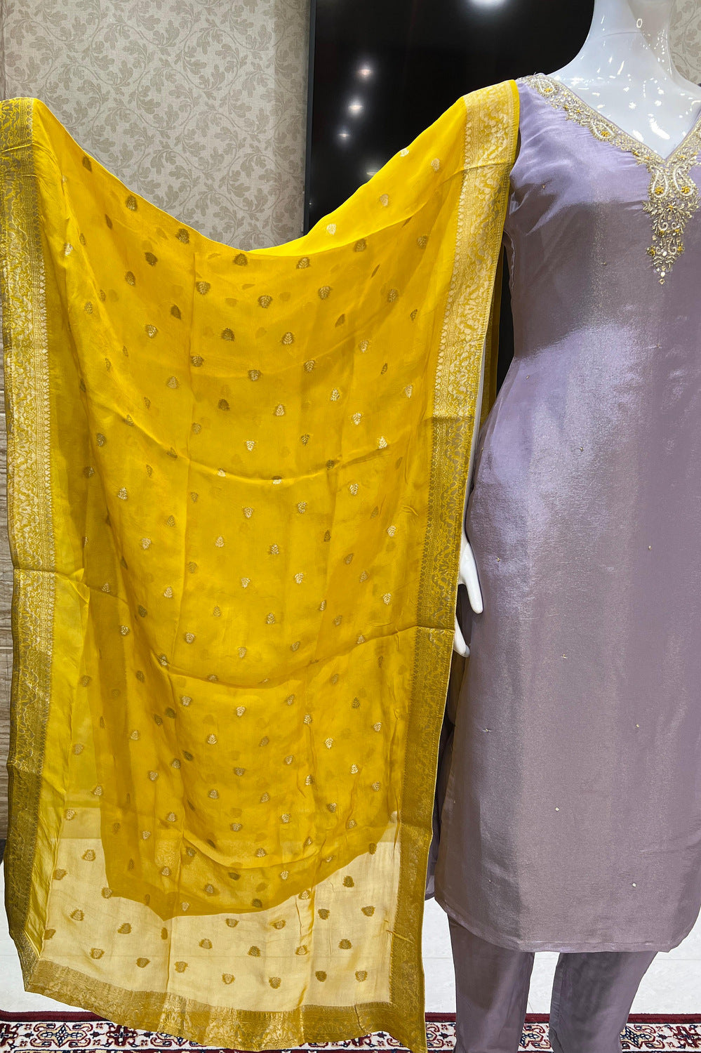 Lilac Banaras, Zardozi, Sequins, Beads and Zari work Straight Cut Salwar Suit