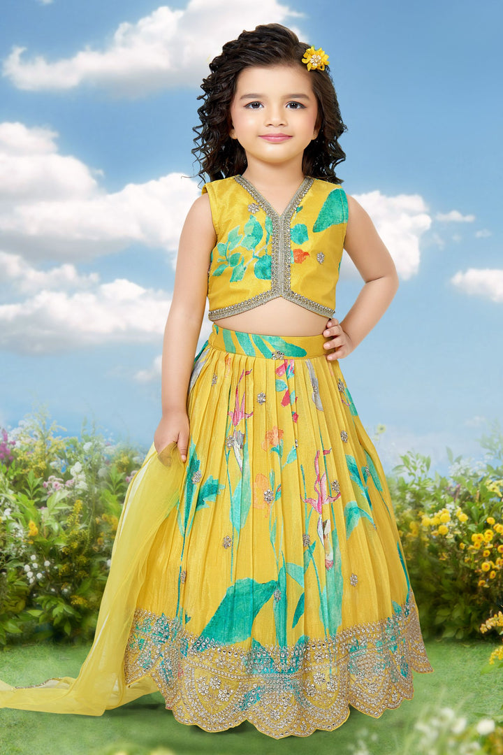 Yellow Stone, Sequins and Zari work with Digital Print Lehenga Choli for Girls