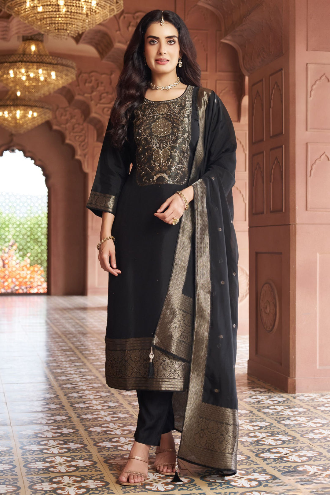 Black Banaras, Beads and Zardozi work Straight Cut Salwar Suit