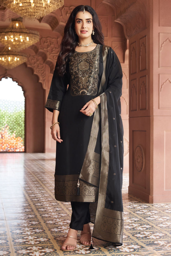 Black Banaras, Beads and Zardozi work Straight Cut Salwar Suit