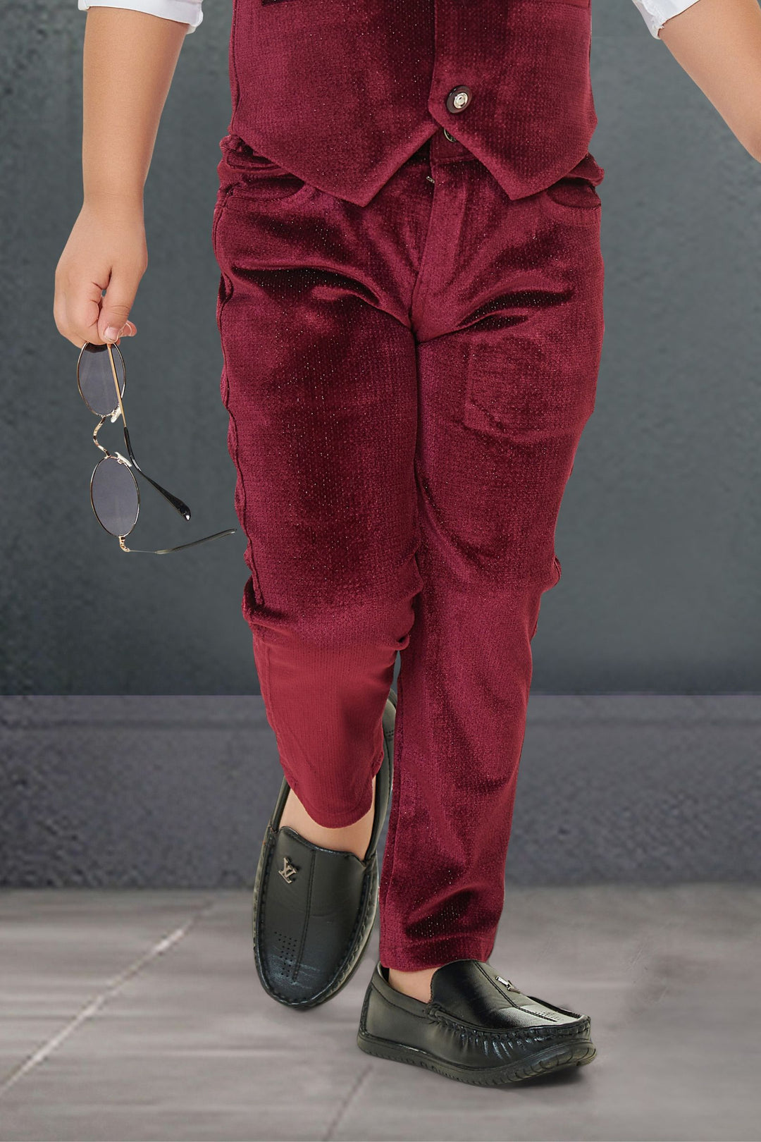 Maroon with White Waist Coat, Shirt and Suspender Style Pant Set for Boys