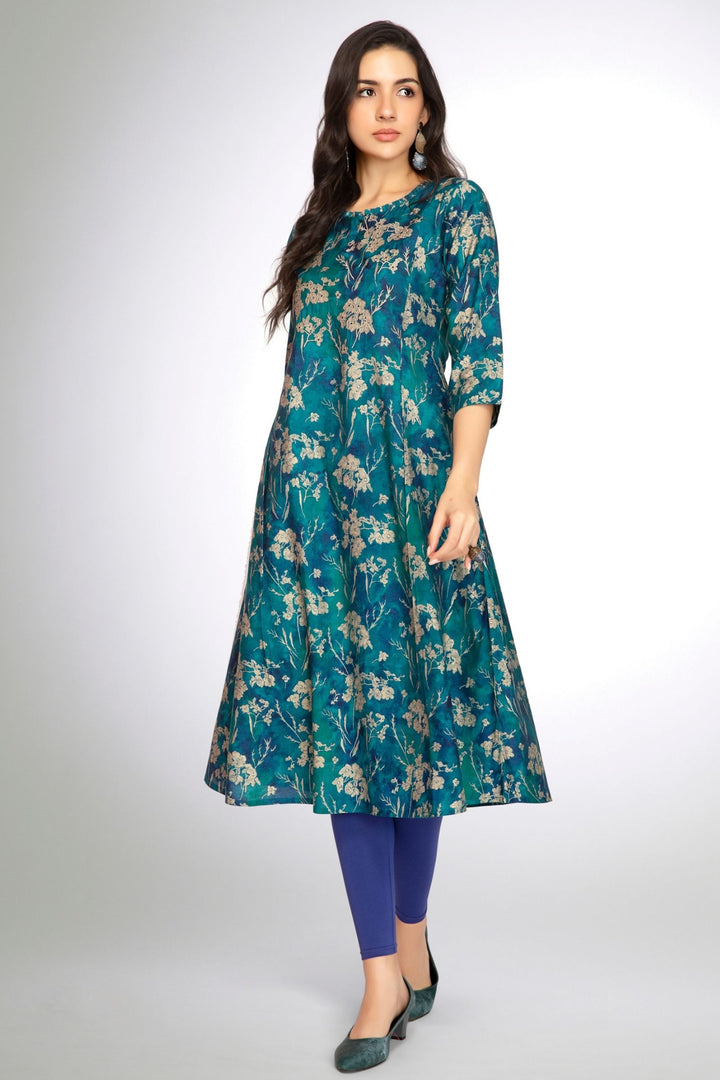 Rama Blue Thread work with Floral Print A-Line Cut Calf Length Kurti