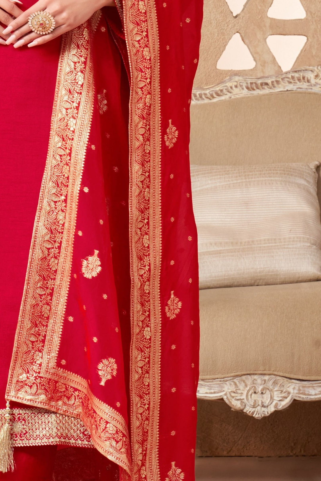 Red Sequins, Zari, Beads and Zardozi work Straight Cut Salwar Suit