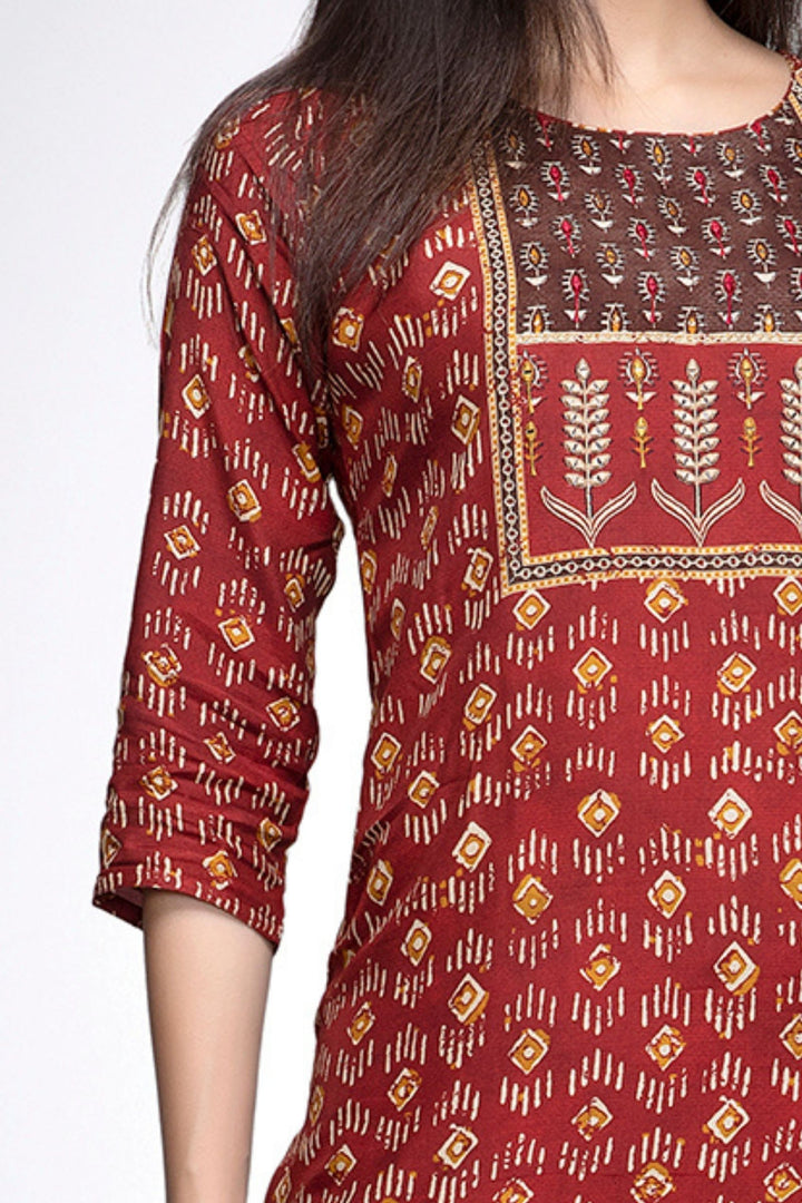 Brick Red with Coffee Brown Digital Print Calf Length Kurti