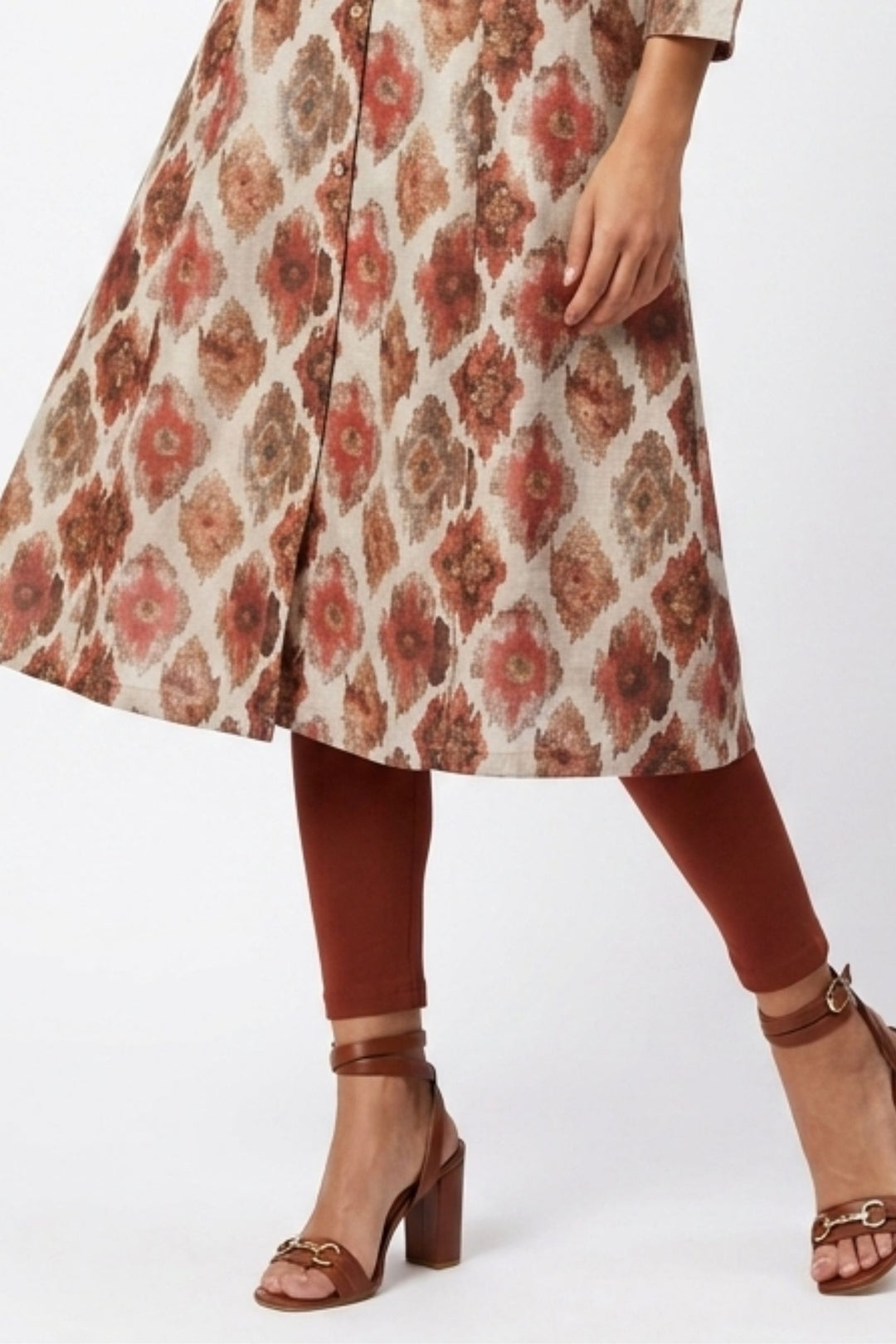 Beige with Red Digital Print A-Line Cut Calf Length Kurti