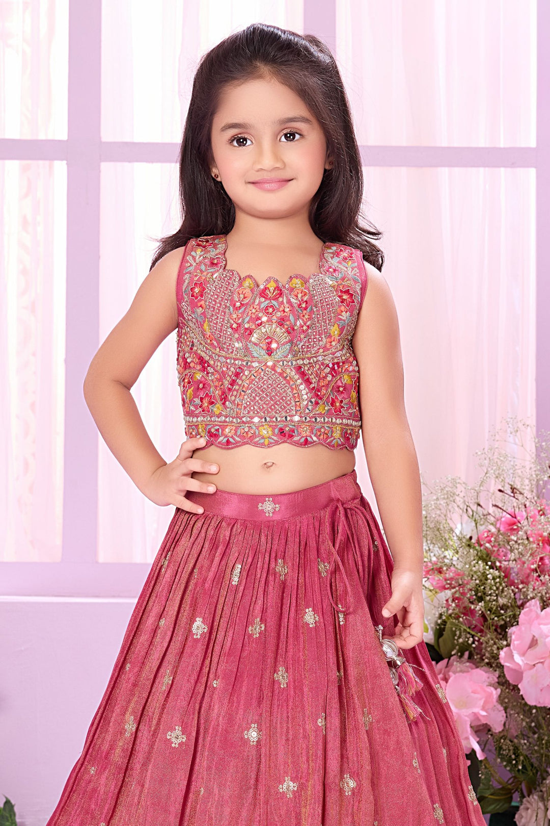 Pink Multicolor Embroidery, Stone and Beads work with Digital Print Lehenga Choli for Girls
