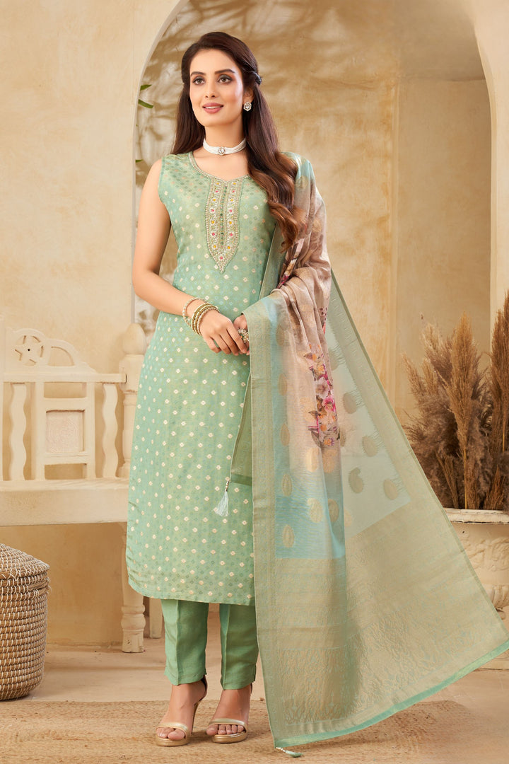 Sea Green Banaras, Beads, Zari, Thread and Mirror work Straight Cut Salwar Suit