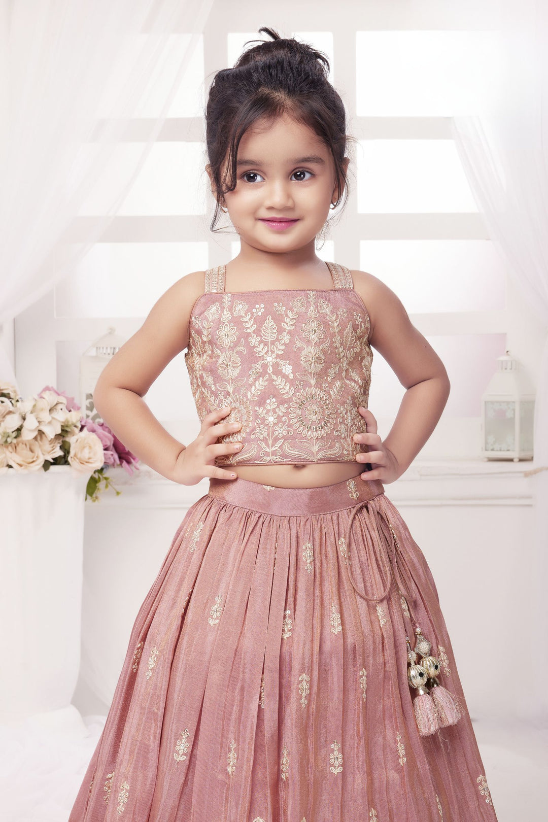 Light Onion Pink Thread, Sequins and Zari work Lehenga Choli for Girls