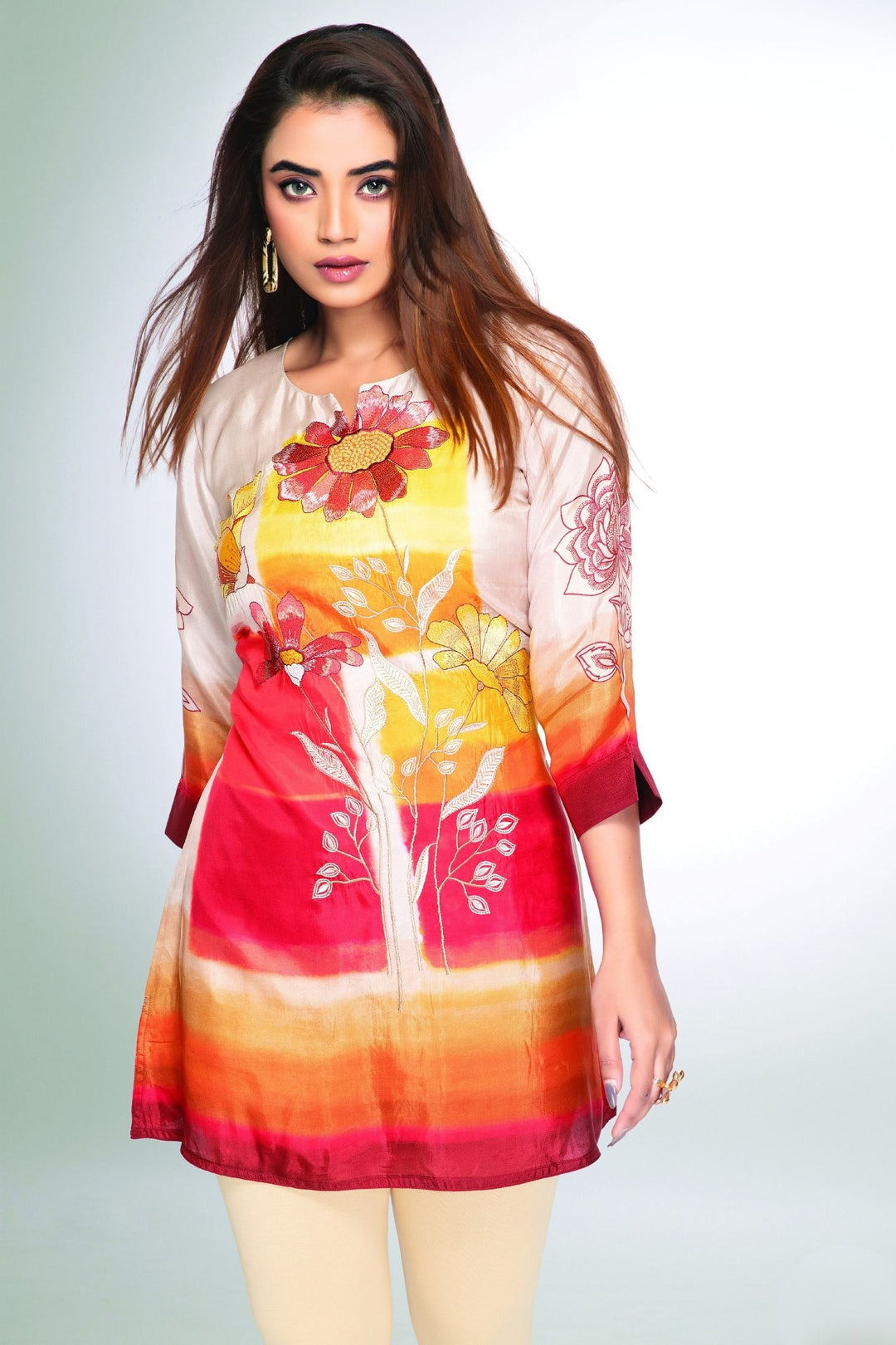 Floral Embroidered Multicolor Short Kurti