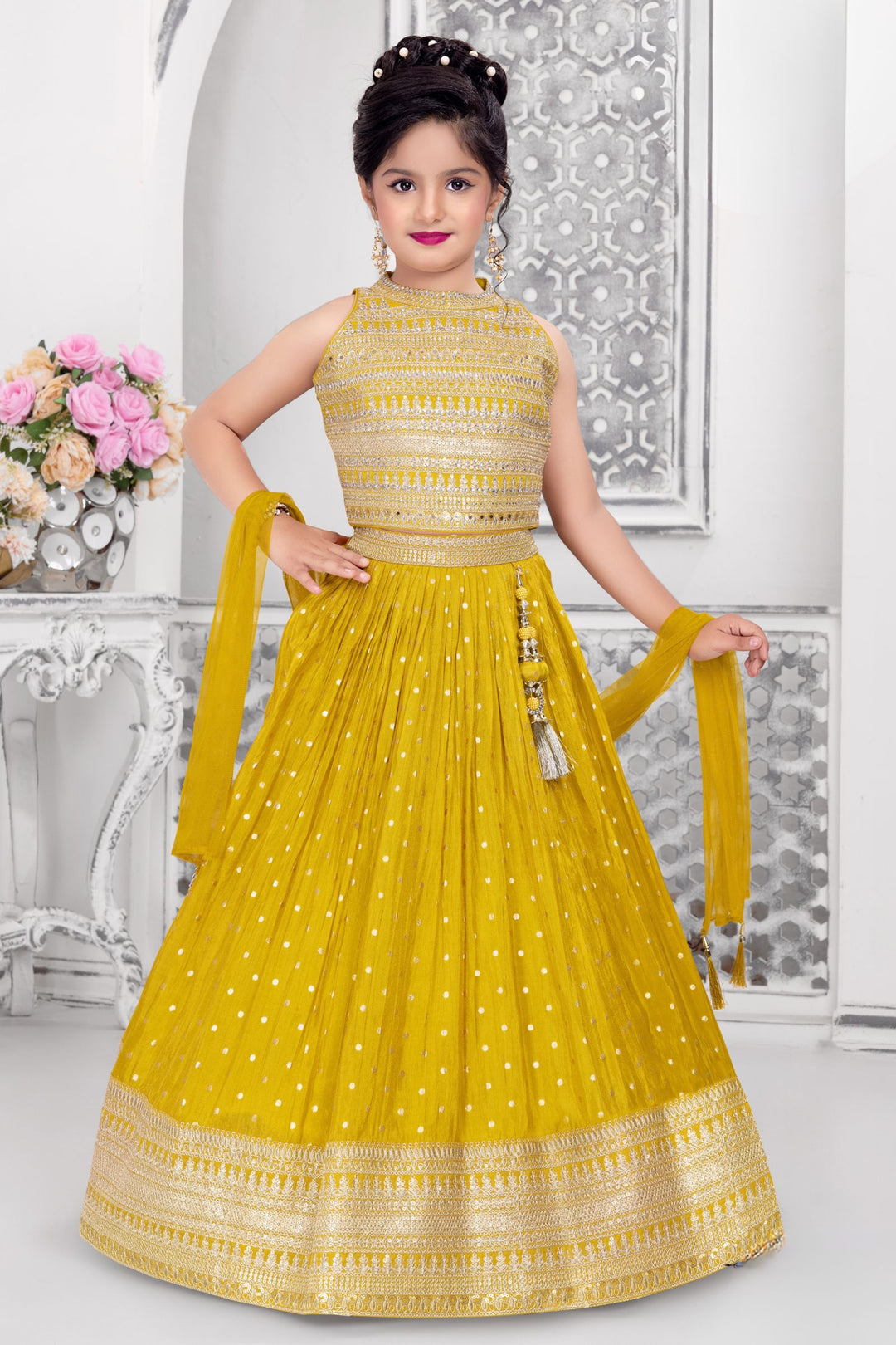 Liril Green Zari, Stone and Sequins work Lehenga Choli for Girls