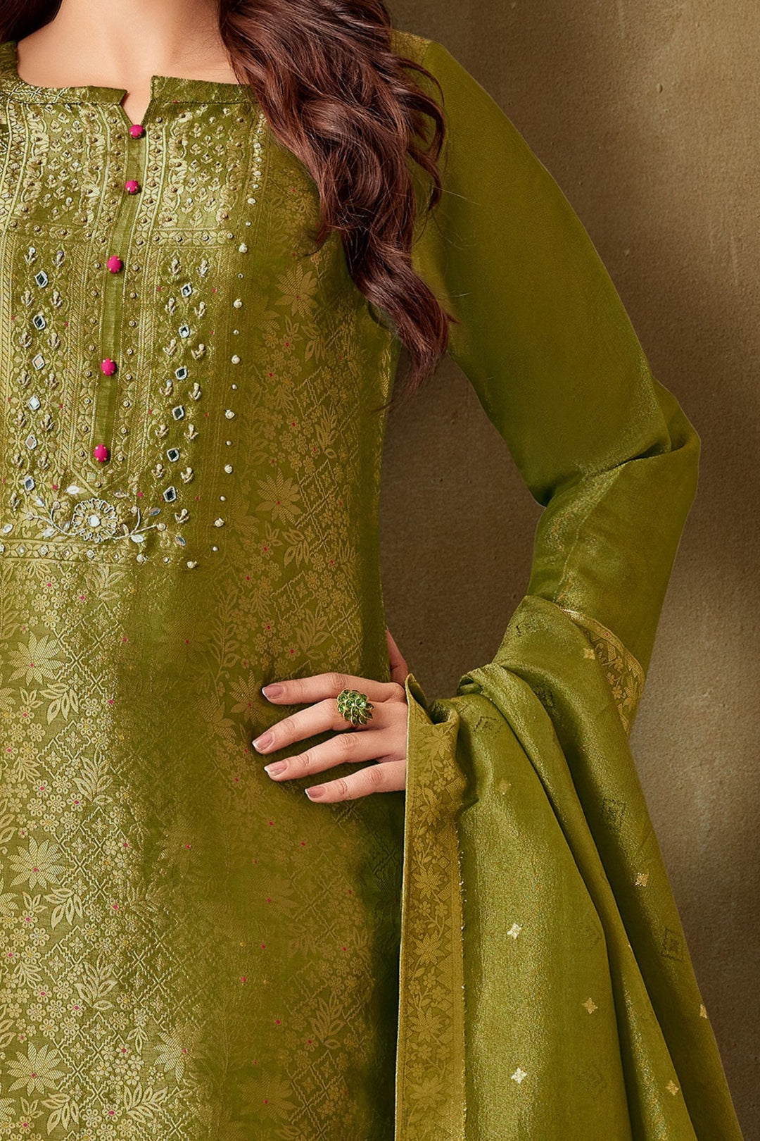 Mehendi Green Mirror, Zardozi, Beads and Brocade work Straight Cut Salwar Suit