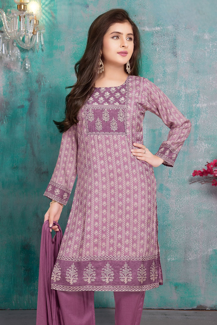 Purple Sequins and Beads work with Printed Straight Cut Salwar Suit for Girls