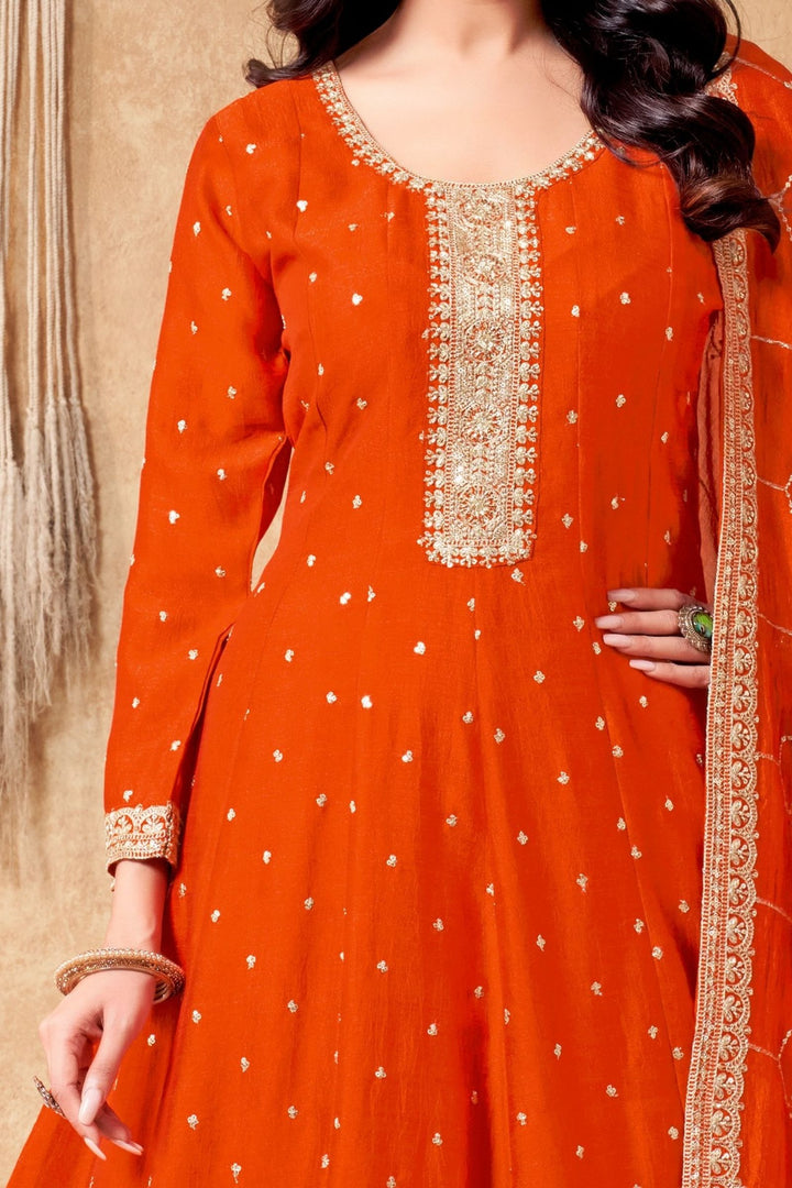 Orange Sequins, Beads and Zari work Anarkali Style Salwar