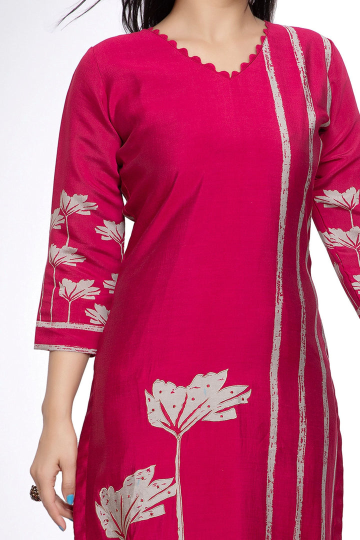 Dark Pink Zari and Thread work with Printed Calf Length Kurti