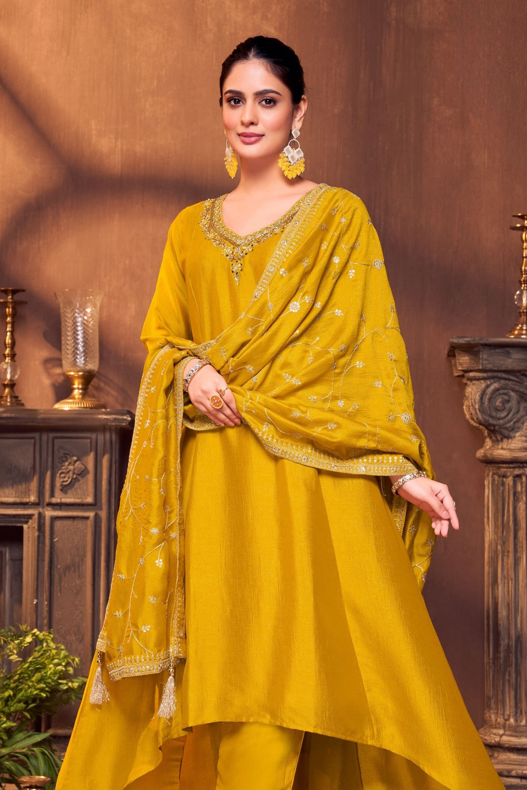 Yellow Sequins, Zari, Mirror, Stone and Zardozi work A-line Cut Salwar Suit