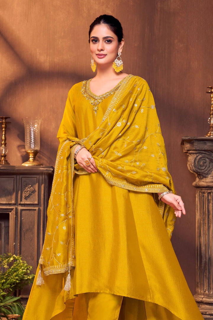 Yellow Sequins, Zari, Mirror, Stone and Zardozi work A-line Cut Salwar Suit