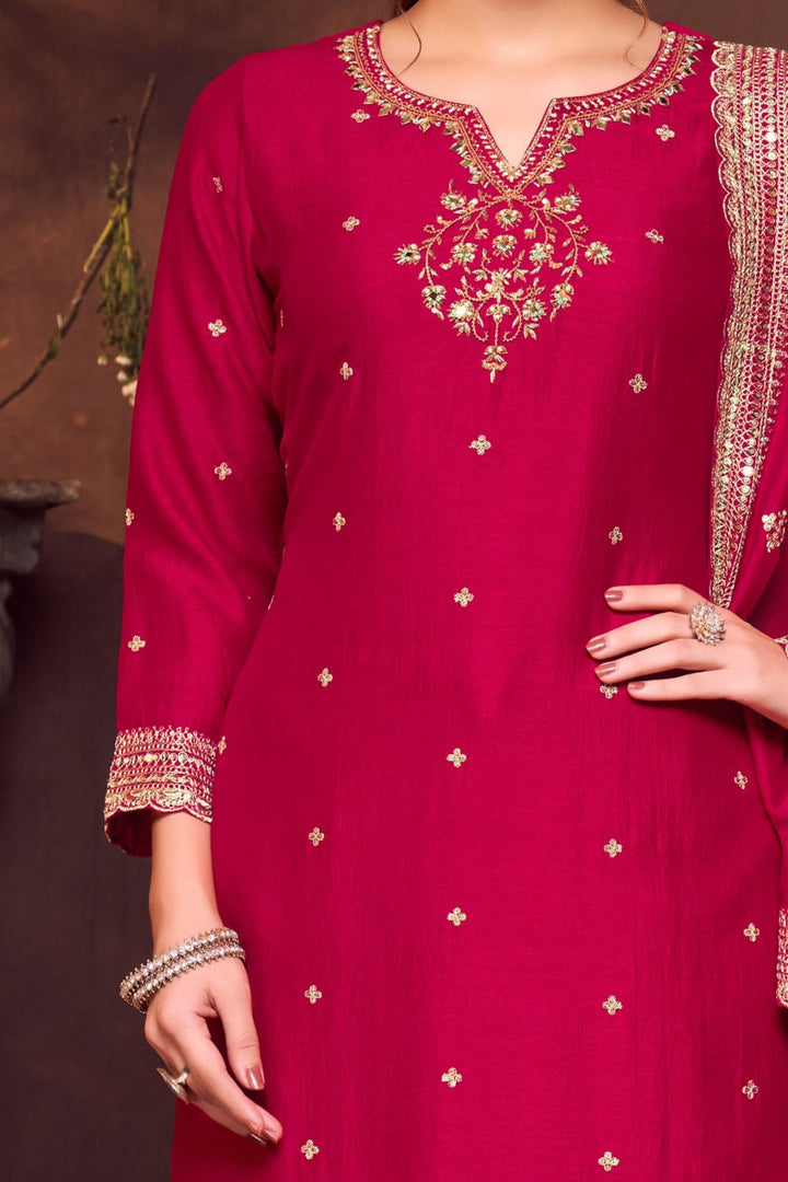 Red Sequins, Zari, Mirror, Zardozi, Beads and Pearls work Straight Cut Salwar Suit