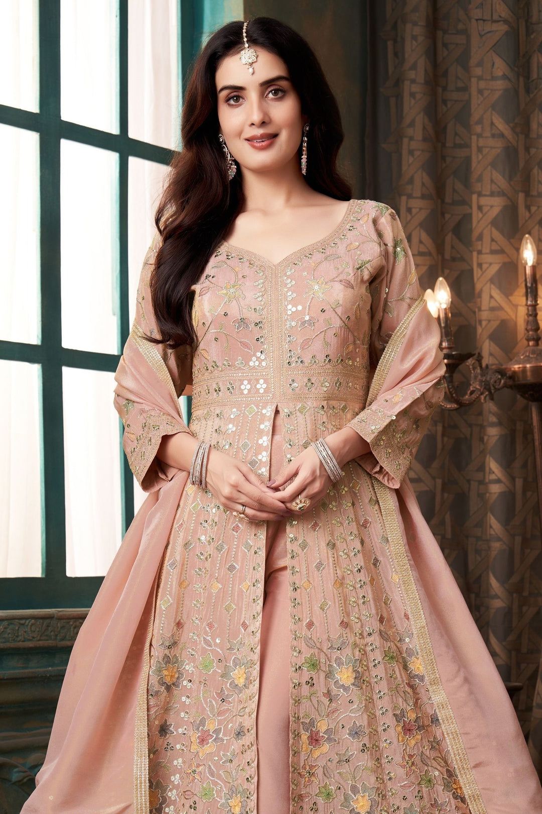 Baby Pink Sequins, Zari and Multicolor Thread work Palazzo Salwar Suit