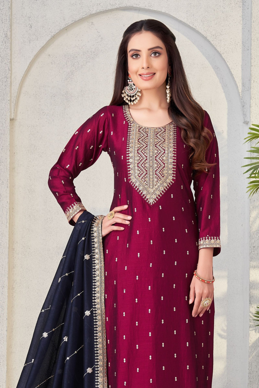 Maroon Zari and Sequins work Straight Cut Salwar Suit