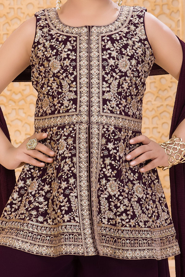 Wine Zari and Sequins work Palazzo Suit Set for Girls
