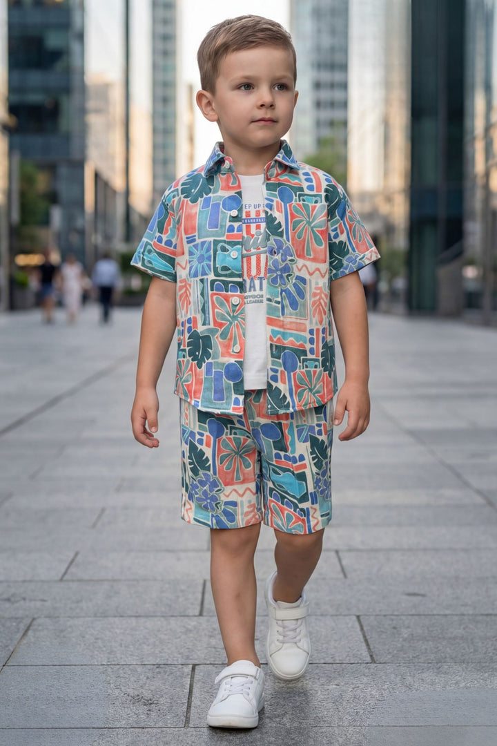 White with Multicolor Digital Print Boys Co-Ord Set