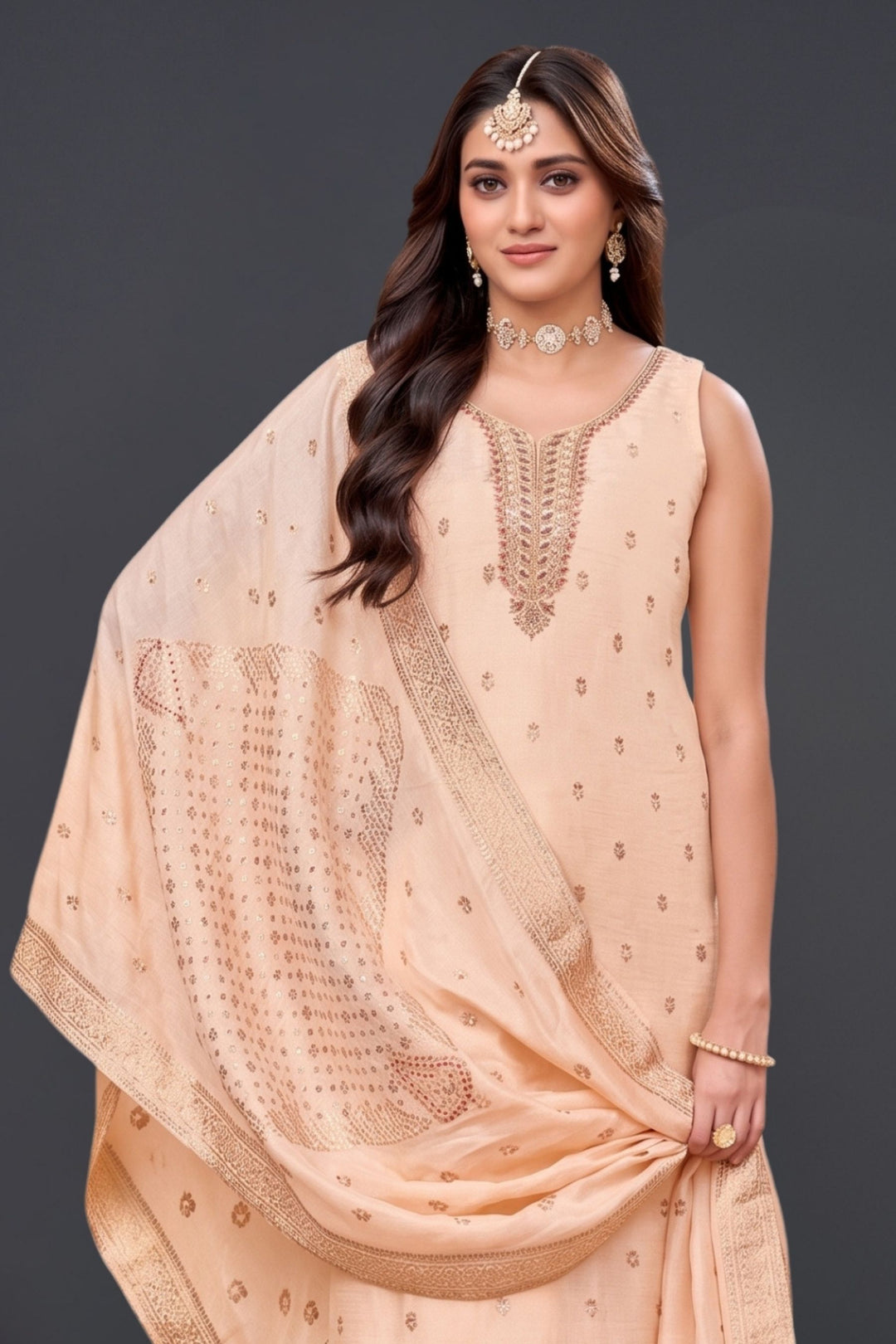Peach Banaras, Beads and Stone work Straight Cut Salwar Suit