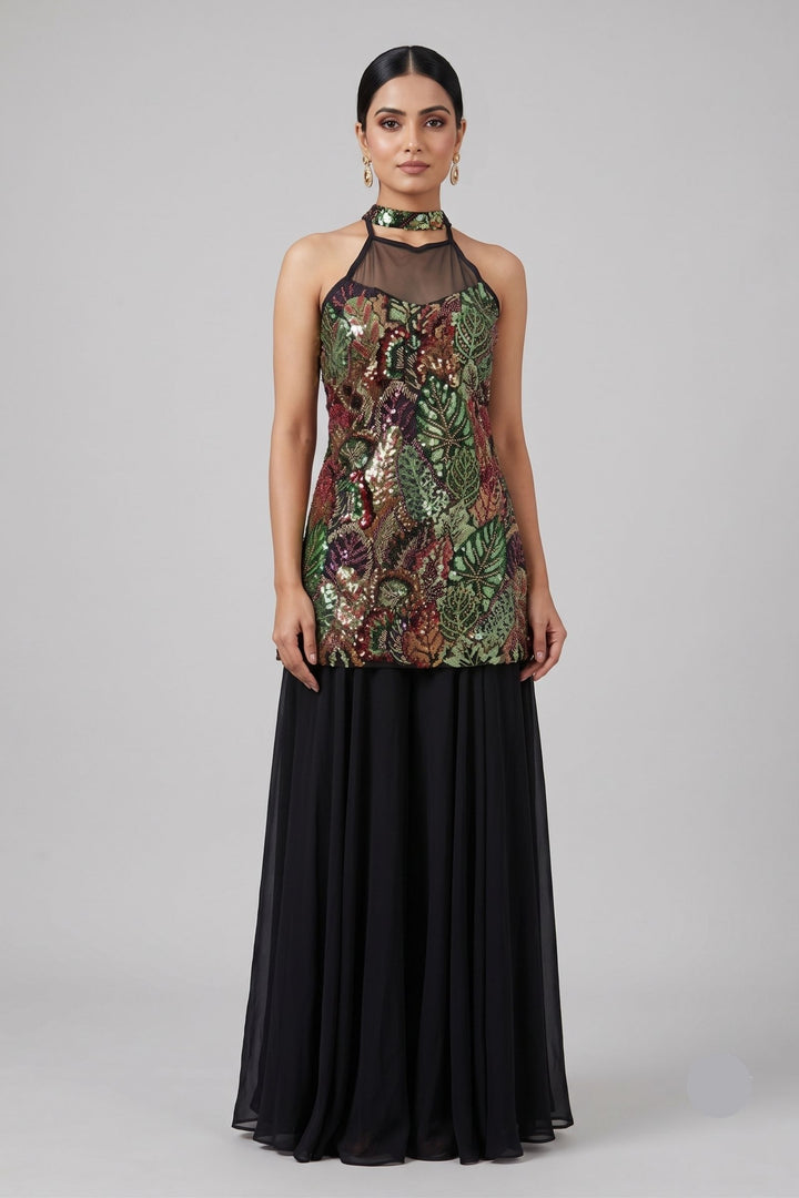 Black Halter Neck Palazzo Salwar Suit with Beads and Sequins Detailing