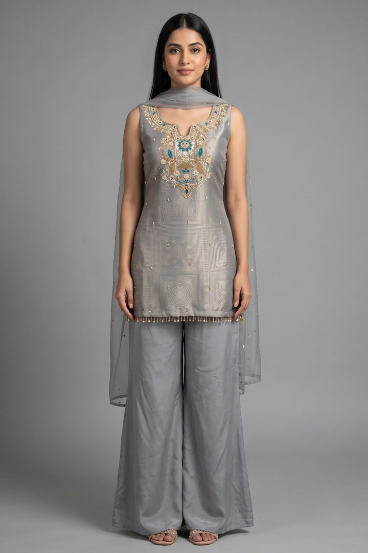 Grey Zardozi, Stone, Sequins, Beads and Thread work Palazzo Salwar Suit