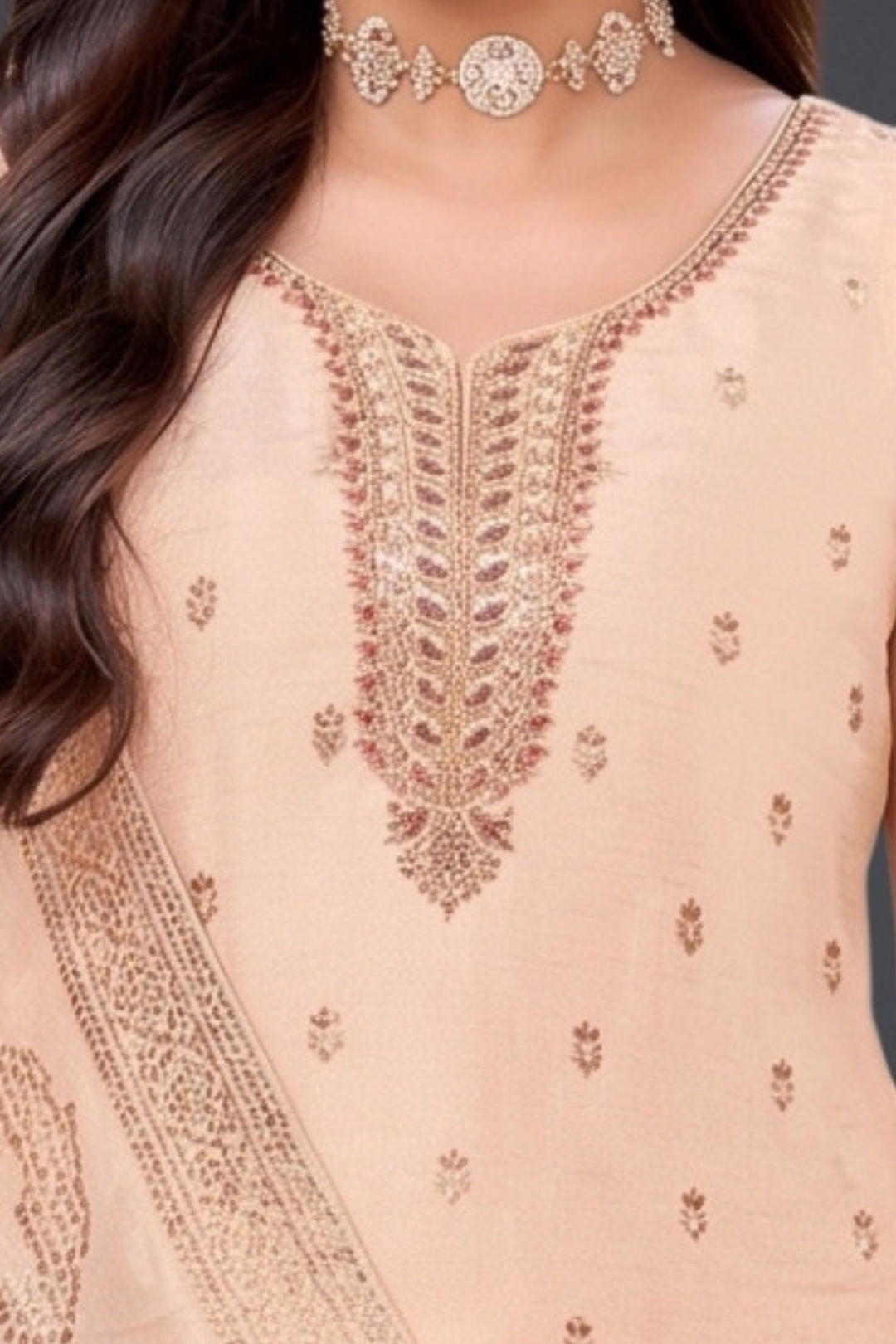 Peach Banaras, Beads and Stone work Straight Cut Salwar Suit