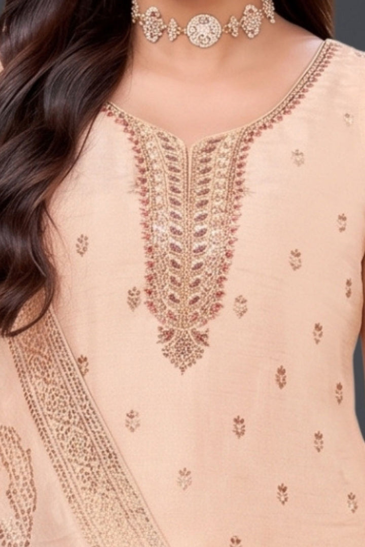 Peach Banaras, Beads and Stone work Straight Cut Salwar Suit