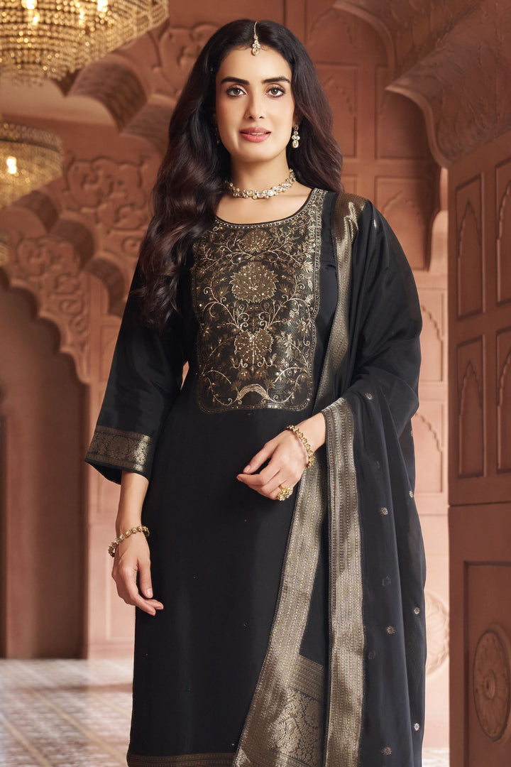 Black Banaras, Beads and Zardozi work Straight Cut Salwar Suit