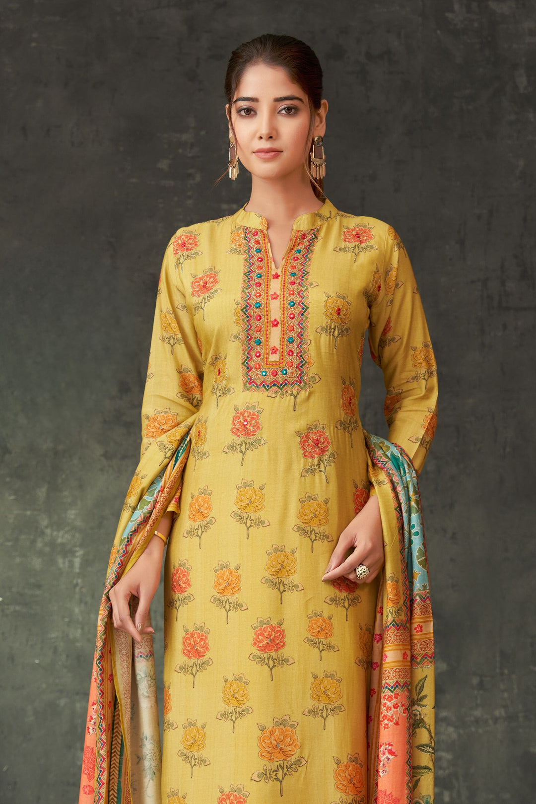 Yellow Mirror and Zari work with Floral Print Straight Cut Salwar Suit