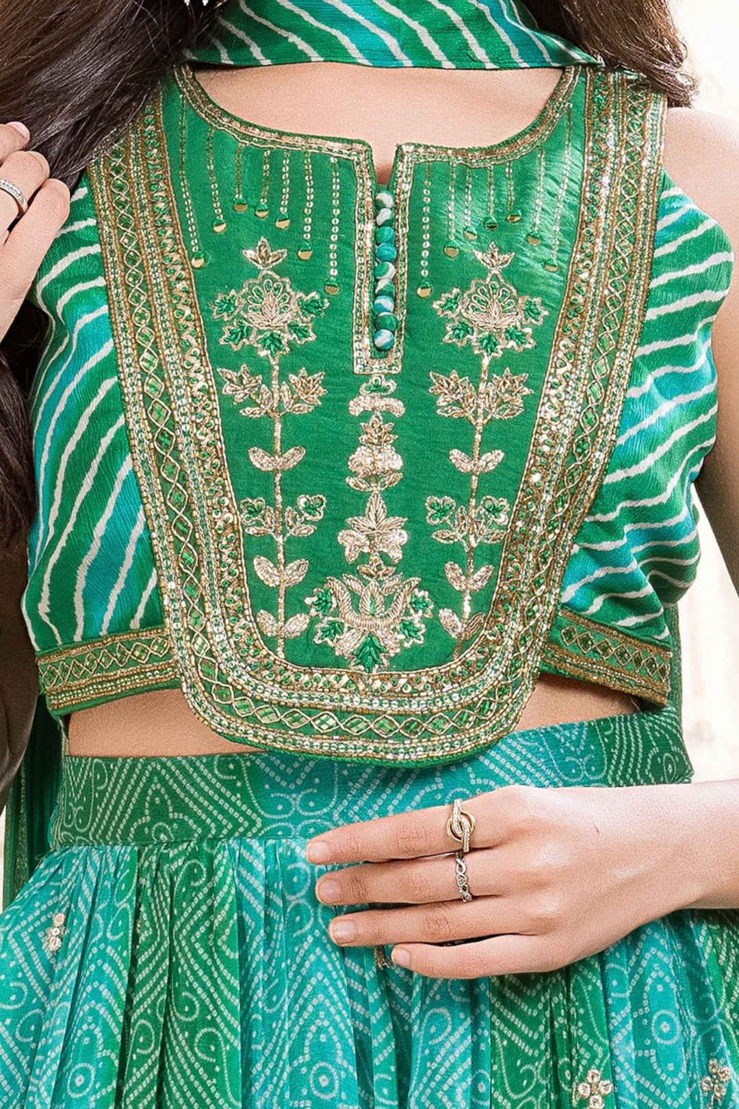 Green Zardozi, Mirror, Sequins and Zari work with Bandini Print Palazzo Suit Set for Girls