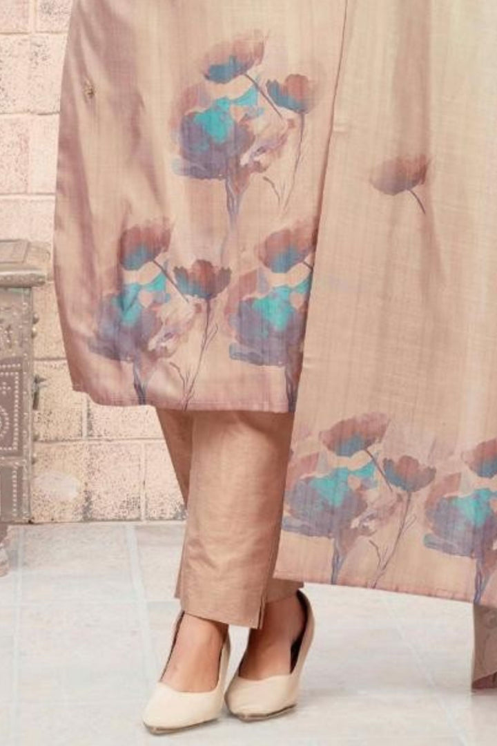 Beige Beads, Zardozi, Sequins, Thread and Mirror work Straight Cut Salwar Suit